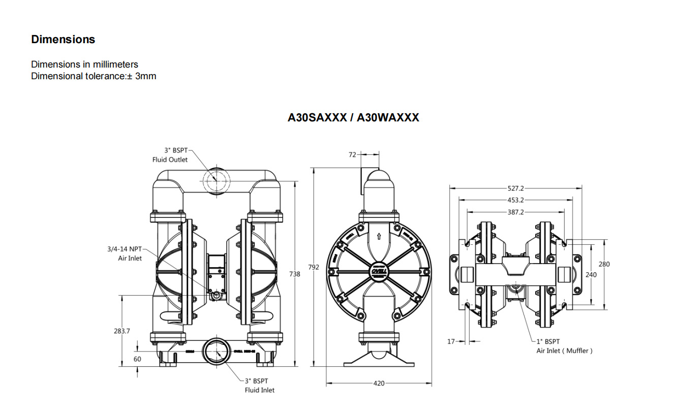 Dimensies van 76 mm (3″) Stainless Steel Air Operated Diaphragm Pump