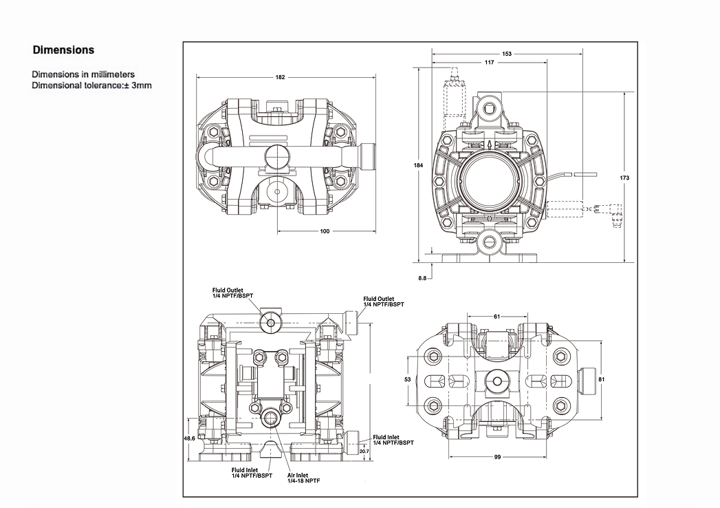 Dimensies van 6.5 mm (1/4″ ) Plastic Air Operated Diaphragm Pump